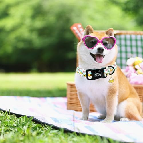 Image of Dog Collar, Cute Bee Adjustable Pet Collars Spring Soft Comfortable Cotton Puppy Collar Pink Flower Necklace Gift Collars for Large Dogs