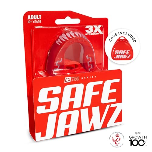 Image of SAFEJAWZ Mouth Guard, Dual Layer Mouthguard for Youth with Case, Easy Fit Remoldable Mouthpiece for Football, Boxing, Lacrosse, MMA, Basketball & All Contact Sports (Kids <11 Years, Viper Red)