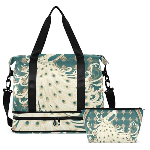 Retro Victorian Style White Peacock Green Sports Tote Gym Bag Overnight Carry On Tote and Luggage with Adjustable Strap for Airplane Traveling Large Capacity2