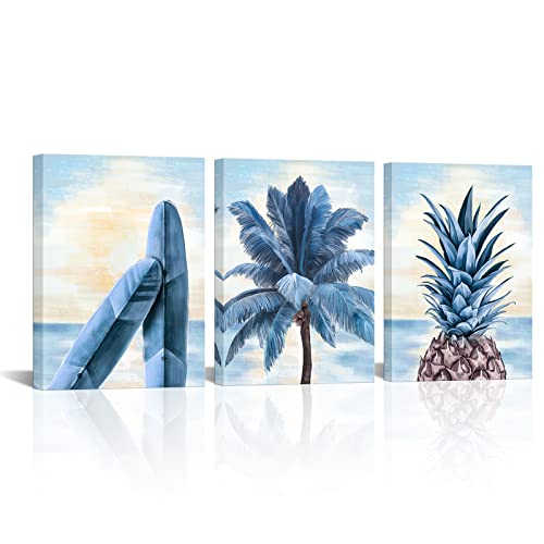 Lovehouse Beach Palm Trees Wall Art Hawaii Coastal Seascape Artwork Pineapple Surfboard Pictures Prints On Canvas Blue Ocean Artwork For Bedroom Kitchen Bathroom Home Décor #TOP16