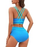 BMJL Women High Waisted Bikini Set Sporty Color Block Swimsuits Full Coverage Two Piece Bathing Suits (Small, Blue)