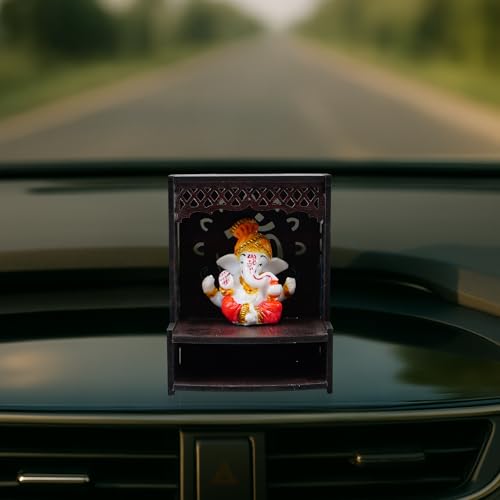 Image of EXPLEASIA Pagadi Ganesha Idol with Wooden Om Temple with Rakhi for Home mandir| car Dashboard| Gift Items | Festival Item| showpiece| Temple Decor