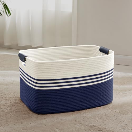 SunNewt 60L Woven Laundry Basket Hamper with Leather Handles,Navy