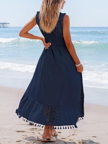 Image of CUPSHE Women's Maxi Dress V Neck Sleeveless Lace Tassel Smocked Waist Cover Up Beach Formal Long Dress
