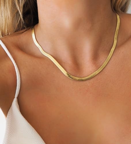 14K Gold Plated Snake Chain Necklace For Women - Adjustable 3mm Flat Herringbone Choker, 13+2.5 Inches, Dainty Layering Jewelry - View #12