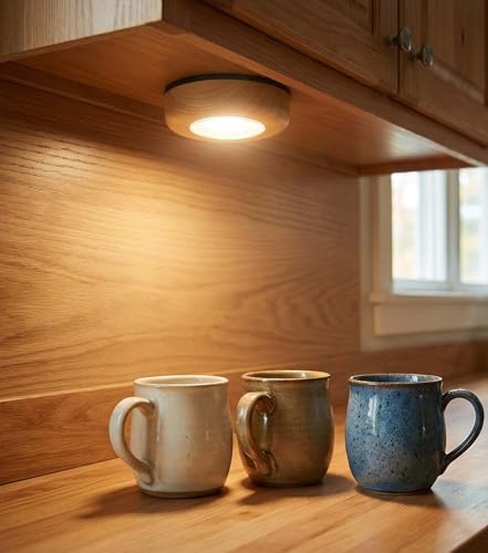 Image of Wood Grain LED Puck Light, 6 Pack Wireless Tap Light Battery Operated, 6000K Daylight White Push Light for Under Cabinet, Closet, Wardrobe, Shelf