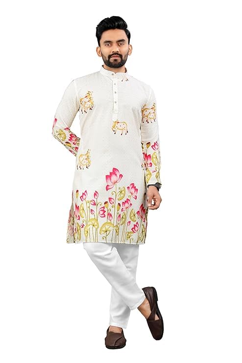 kurta wallah Men’s Cream Ethnic Kurta with Lotus Floral & Animal Print – Mandarin Collar, Full Sleeves, Festive & Casual Wear-picture-43