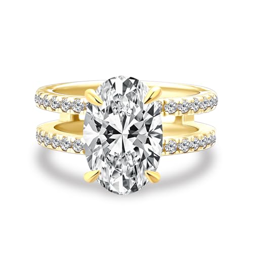 3.5CT 5A Grade Oval Cut Cubic Zirconia Double Band Engagement Ring for Women, 18K Yellow Gold Plated Sterling Silver Promise Ring