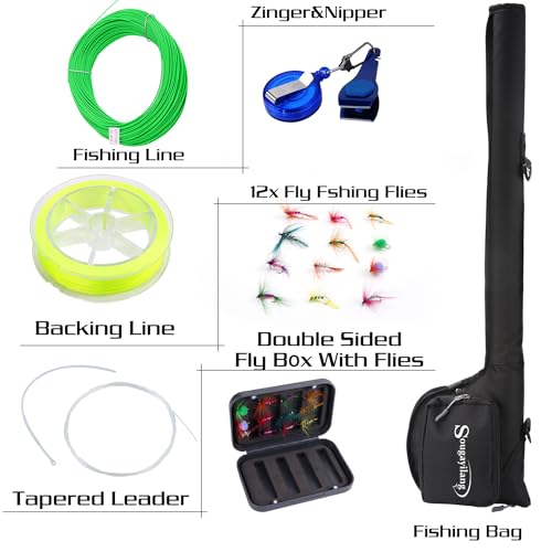 Sougayilang Standard Fly Fishing Combo Starter Kit, 5/6 Gewicht 9' Fliegenrute mit SuperPolymer Griff, Zubehör, Tragetasche, Fly Box Fall für Angeln Fliegen-schwarz