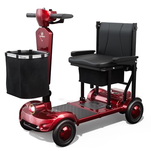 Lightweight Mobility Scooter for Seniors & Adults Cruise Travel, 4 Wheel Mobility Scooter- 37lb Foldable Portable Motorized Scooters with Removable Lithium Battery & Basket for 15Miles Travel, Red