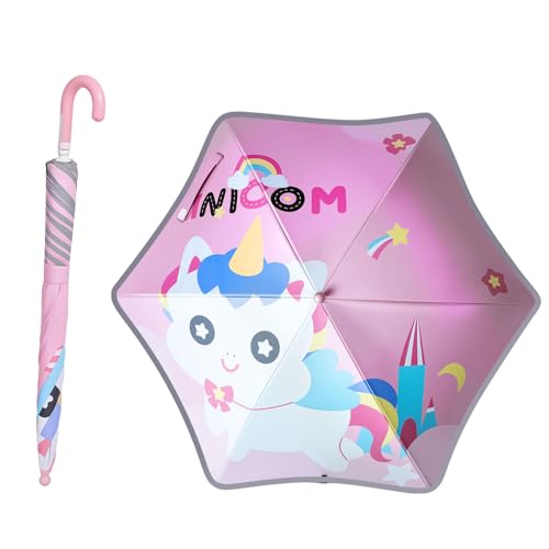 BAODINI Kids UV and Rain Umbrella Sun Protection With Round Edges for Boys Girls Toddlers Easy Grp Curved Handle Stick Umbrella with Reflective Strip
