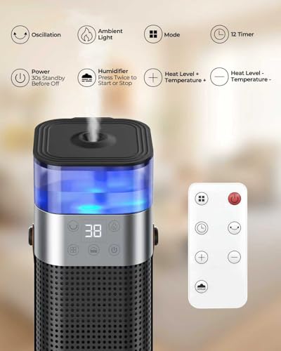 Electric Heater for Home, 3 in 1 Portable Space Heater with Humidifier and Ambient Light, 2000W Ceramic Room Heater, 3 Modes, 12H Timer, Remote Control, Overheat and Tip Over Protection - Image 7