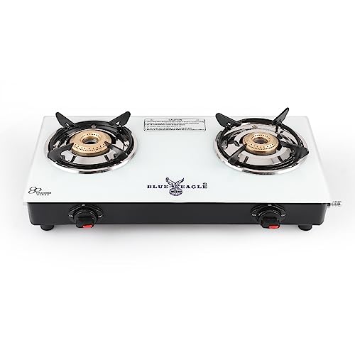 Blue Eagle 2 Burner Auto Ignition with Toughened Glass Gas Stove Cooktop | High Efficiency Cast Iron 2 Burner| 2 Year General Warranty| Door Step Service |LPG Gas |Scratch Proof | White