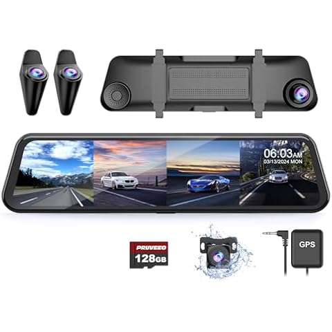 PRUVEEO H5-4CH 12'' Rear View Mirror Camera,4 Channel Mirror Dash Cam Detached Camera FHD1080Px4,Dash Cam Front and Rear and Side(Left,Right),Night Vision,GPS,Parking Monitor,Free 128GB Card Cover