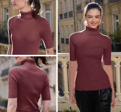Image of v28 Women Turtleneck 1 /2 Half Sleeve Highly Stretchy Ribbed Knit Fitted Sweater