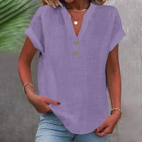 Linen Shirts for Women V Neck Button Up Shirt Short Sleeve Loose Fit Lightweight Blouses Casual Summer Beach T-Shirt Purple - 1