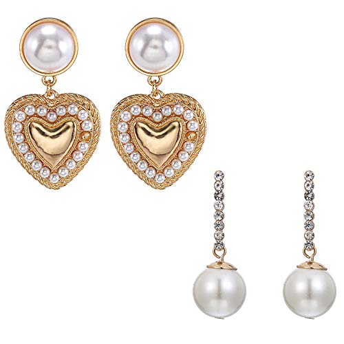 WANZIJING Crystal Simulated Pearl Drop Earrings, Elegant Alloy Studs Earrings Heart Statement Dangle Earrings for Women