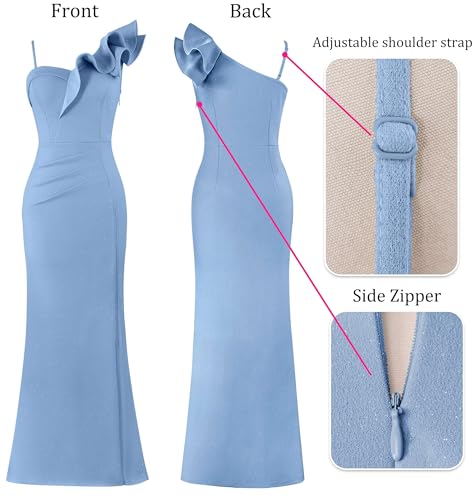 Image of VFSHOW Womens Ruffle One Shoulder Strap Ruched Formal Prom Wedding Maxi Dress V Neck Elegant Split Cocktail Evening Long Gown