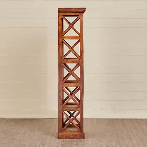 Image of Moracco Solid Wood Bookshelf - 5 Shelf Designer Floor Standing Bookcase with Mango Wood and Honey Finish for Home and Office Library Ideal for Home Decor