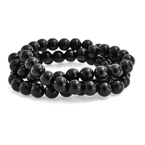 Bling Jewelry Set Of 3 Gemstone Black Onyx Round Bead 8Mm Stretch Bracelet For Women Teen For Men Multi Strand Stackable Adjustable #TOP1