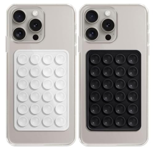 Image of 2Pcs-Black Suction Phone Case, Phone Suction Sticker, Silicone Suction Phone Case for Hands-Free Mobile Accessory Holder Grip, Video Phone Accessory Compatible Mirror, Shower (Black+ White)