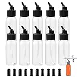 HUBEST 10 Pack Airbrush Bottles 30ml (1oz), Plastic Siphon Feed Jars with Lids & Adapter, Empty Paint Storage Containers Compatible with Dual-Action Suction Feed Airbrushes (Standard 30° Angle)