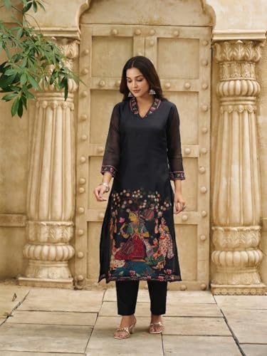Image of GoSriKi Women Viscose Blend Printed Straight Kurta with Pant and Dupatta | Ladies Kurta Pant Dupatta Set | Women Ethnic Wear Dress | Indian Traditional Clothing for Girl