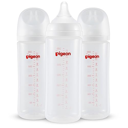 Image of Pigeon PP Nursing Bottle Wide Neck, Anti-Colic, Streamlined Body, Natural Feel, Easy to Clean, 11.2 Oz (Pack of 3), Includes 3pcs L Nipples (6m+)