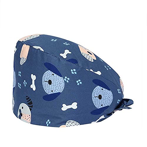 Casquette Chirurgicale Femme 2 Pièces Casquette De Travail en Coton Réglable Casquette Turban À Imprimé Chien Mignon avec Bandeau À Nouer Au Dos Chapeaux Unisexe Casquette De Salon Chapeau Polyvalent Cover