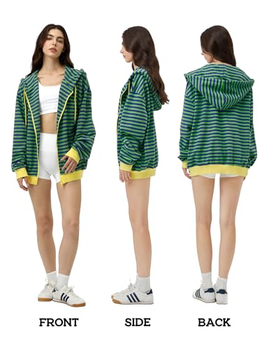 FAIABLE Striped Zip Up Hoodie Women Oversized Sweatshirt Hoodies Zipper Sweaters Pullover Cotton Vintage Preppy Shirt Outfits