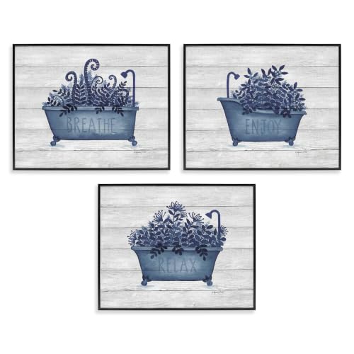 Bath Tub Blue Foliage Bathroom, 16 x 20 Inch Framed Giclée Print Set