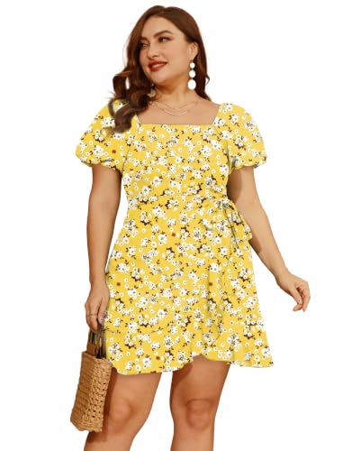 Image of Sampeel Womens Summer Dresses Square Neck Puff Sleeve Tie Waist Short Dress