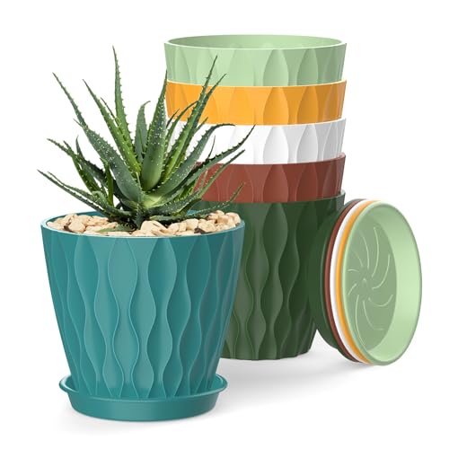 SQKH 4 Inch Plant Pots, 6 Pack Indoor Flower Pots, Planters with Drainage Holes and Trays for Orchids, Violets, Succulents, Herbs, and Other Plants,Corolful