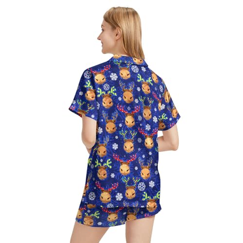 Image of Funny Pajamas for Women Set Print Satin Loungewear Pjs Short Sleeve Button Down Top and Shorts Sets Sleepwear XS-3XL