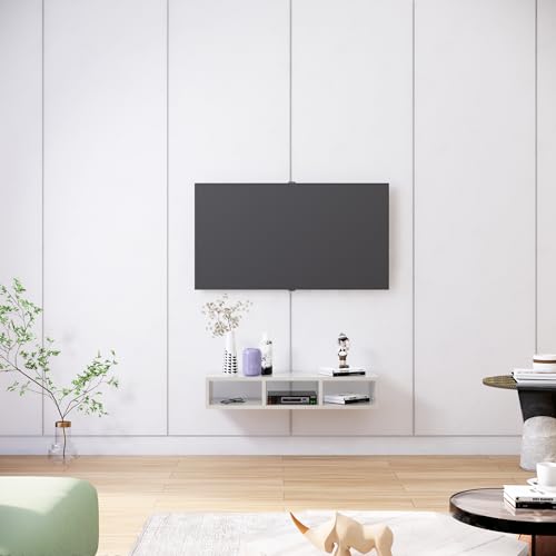 Image of TV Unit for Living Room 30 to 52 Inch, Engineered Wood TV Unit Wall Mounted Entertainment Unit Set Top Box Stand with Storage Shelves for Books & Decor Unit for Bedroom (Frosty White)