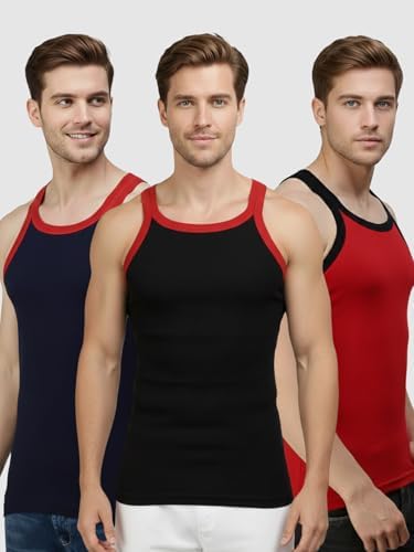 Lux Cozi Men's Cotton Vest Pack of 3 | Sleeveless Gym Vest for Men | Soft Breathable Cotton Innerwear | Round Neck Regular Fit Undershirt | Men's Baniyan | Color May Vary