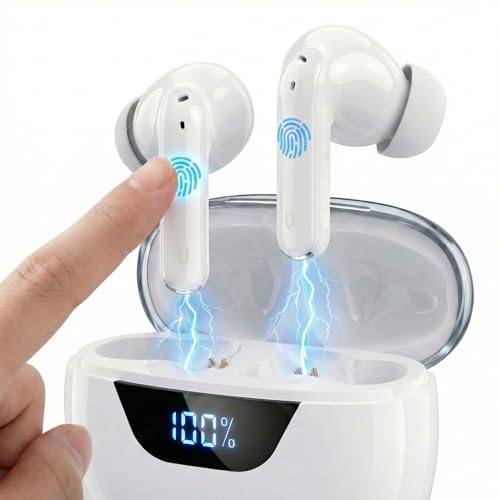 Cuffie Bluetooth Oukdam 5.3 Bianche – Auricolari Wireless in Ear Sportivi Cancellazione Attiva Rumore (ANC),48 Ore Display LED,4 Microfoni ENC Chiamate HD, IPX5 Impermeabili per Running iPhone Android