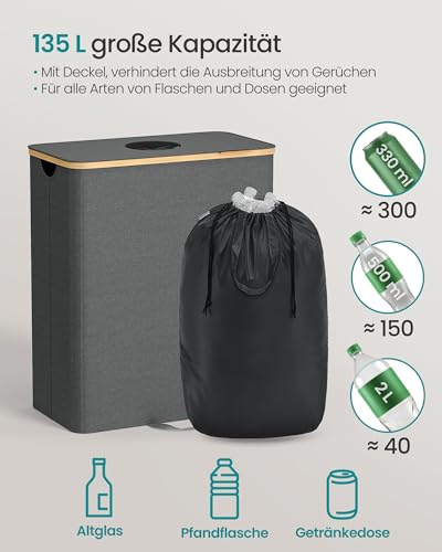 SONGMICS Pfandflaschen-Sammelbehälter, 135 L Pfandflaschen-Behälter, Flaschensammler Leergut, Recycling-Behälter, mit Loch, Deckel, Innensack mit Griffen, Küche, schiefergrau-naturbeige RRB513G01