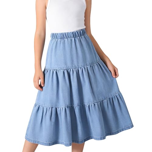 Girls Midi Pleated Denim Skirts Kids School Style Elastic High Waist Short Skorts Teen Summer Casual Baggy Fashion(Sky Blue, 5-6 Years)