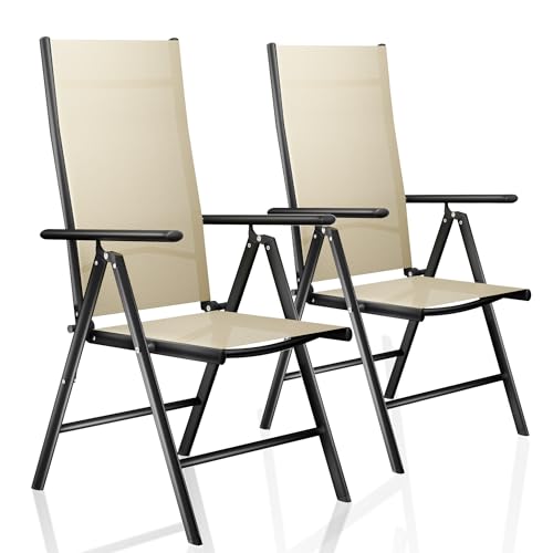 Wiltec Gartenstuhl bis 120 kg 2er Set Beige klappbar, Terrassenstuhl aus Aluminium, Hochlehner wetterfest, Klappstuhl mit Verstellbarer Rückenlehne