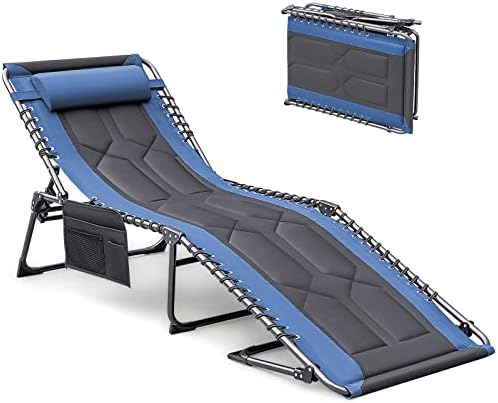 Devoko 4-Fold Padded Portable Folding Outdoor Chaise Lounge Heavy Duty Reclining Chair with Pillow & Side Pocket for Patio, Beach, Pool, Camping, Sunbathing (Blue)