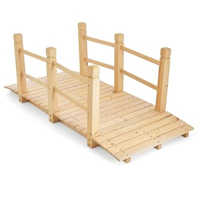 MAT EXPERT 5FT Wooden Garden Bridge, Sturdy Outdoor Pond Bridge with Safety Railings, Garden Pathway, Decorative Landscape Footpath for Backyard, Patio, Creek & Farm Decoration (Natural)