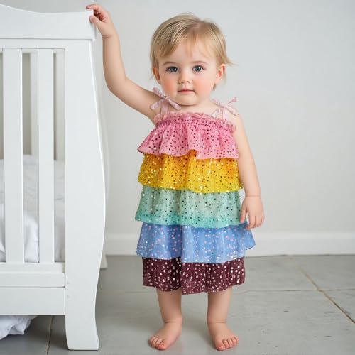 Kids Girls Dresses Tie up Sleeveless Sequins Contrast Color Layered Summer Dress Bowknot Strap A-line Sundress4