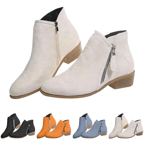 Generico Damen-Stiefel, niedriger Absatz, weiche Stiefeletten, weiche Stiefel, lässige Stiefel, Texanistiefel, elegant, schwarz, Damenstiefel, Weiß, 40 EU