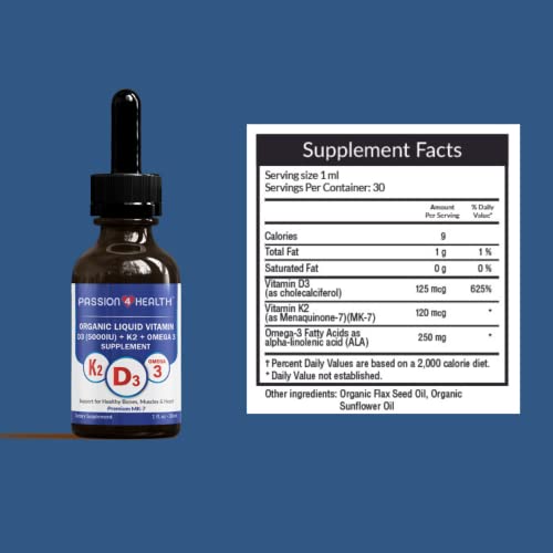 Passion 4 Health Organic Liquid Vitamin D3 (5000Iu) + K2 (Mk-7) + Omega 3 Supplement - Support For Healthy Bones, Muscles And Heart (1) #TOP5