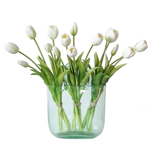 DUYONE 15pcs Artificial Tulips Flowers, Latex Bouquet, Fake Tulips for Office Wedding Party Home Kitchen Garden Decoration-B White