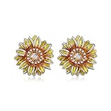 Cute Sunflower Stud Earrings for Women 925 Sterling Silver Gold-Tone Crystal Enameled Hypoallergenic Small Flower Studs Cartilage Tragus Post Dainty Birthday Holiday Prom Party Jewelry