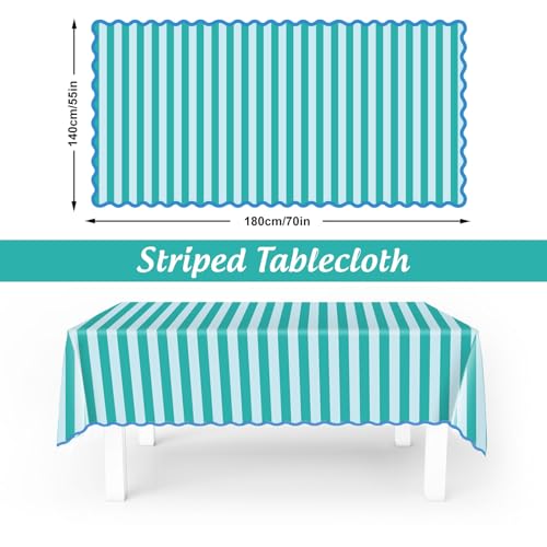 Whaline Scalloped Edge Blue Green Striped Tablecloth Waterproof Fabric Tablecloth Rectangle Table Cover for Home Kitchen Table Decoration, 55 x 70 Inch by Whaline - Image 2