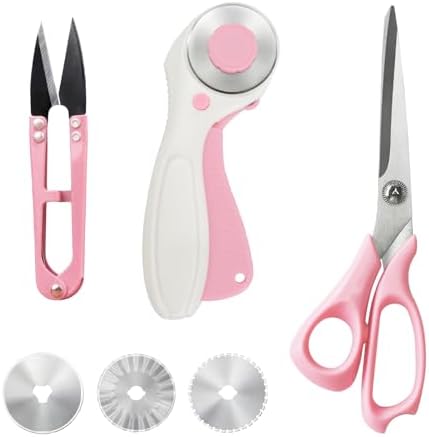 MANUFORE Left-Handed Sewing Tool Kit -8.5in Lefty Fabric Scissors, 4.5in Thread Trimmers, Rotary Cutter with 3 Replacement Blades - Pink Set for Quilters, Crafters, and DIY Projects