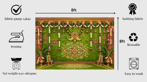 Image of Bride Backdrop Decoration | Housewarming Green Muggu Backdrop with Hanging White Jasmine and Pink Lotus Garlands 8x8 Feet | Lakshmi Backdrop Cloth for Decoration Pooja